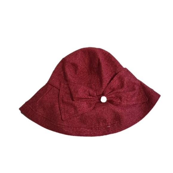 RED wide brim bucket hat with strap beachwear - Picture 1 of 6